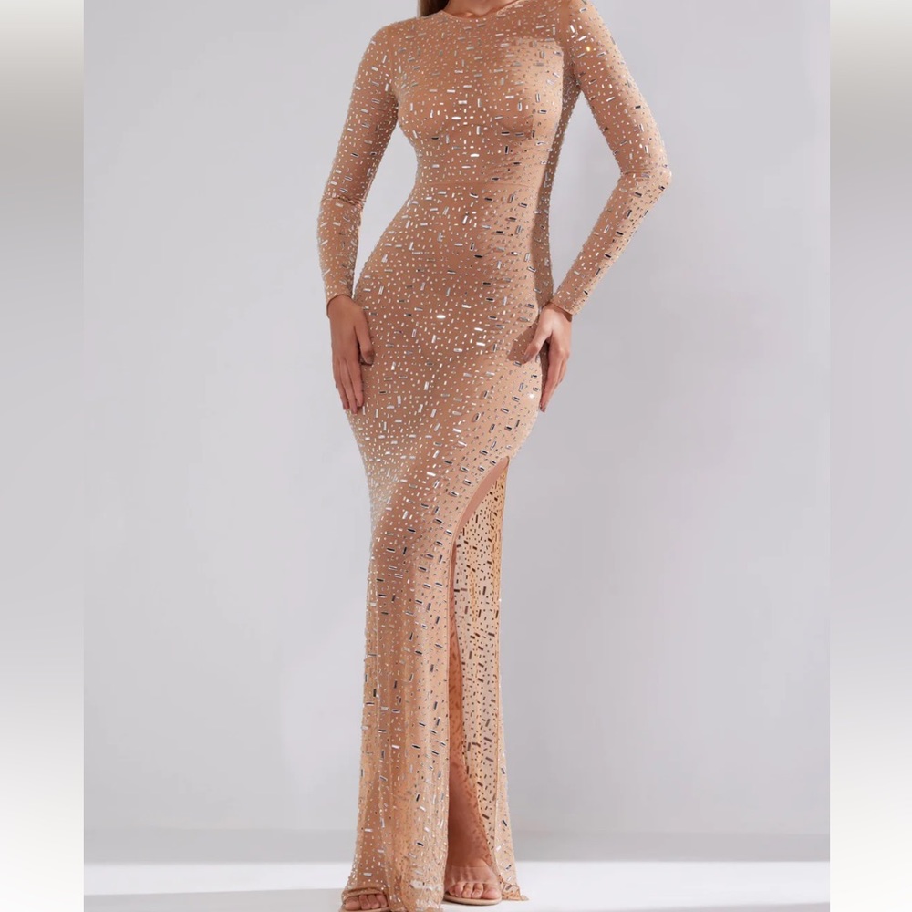 Oh Polly Sheer Embellished Long Sleeve Evening Gown in Almond, Size 0